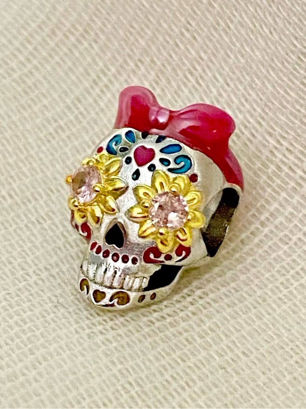 Glow In The Dark Rockabilly Sugar Skull Charm | 925 Sterling Silver, Enamel, CZs